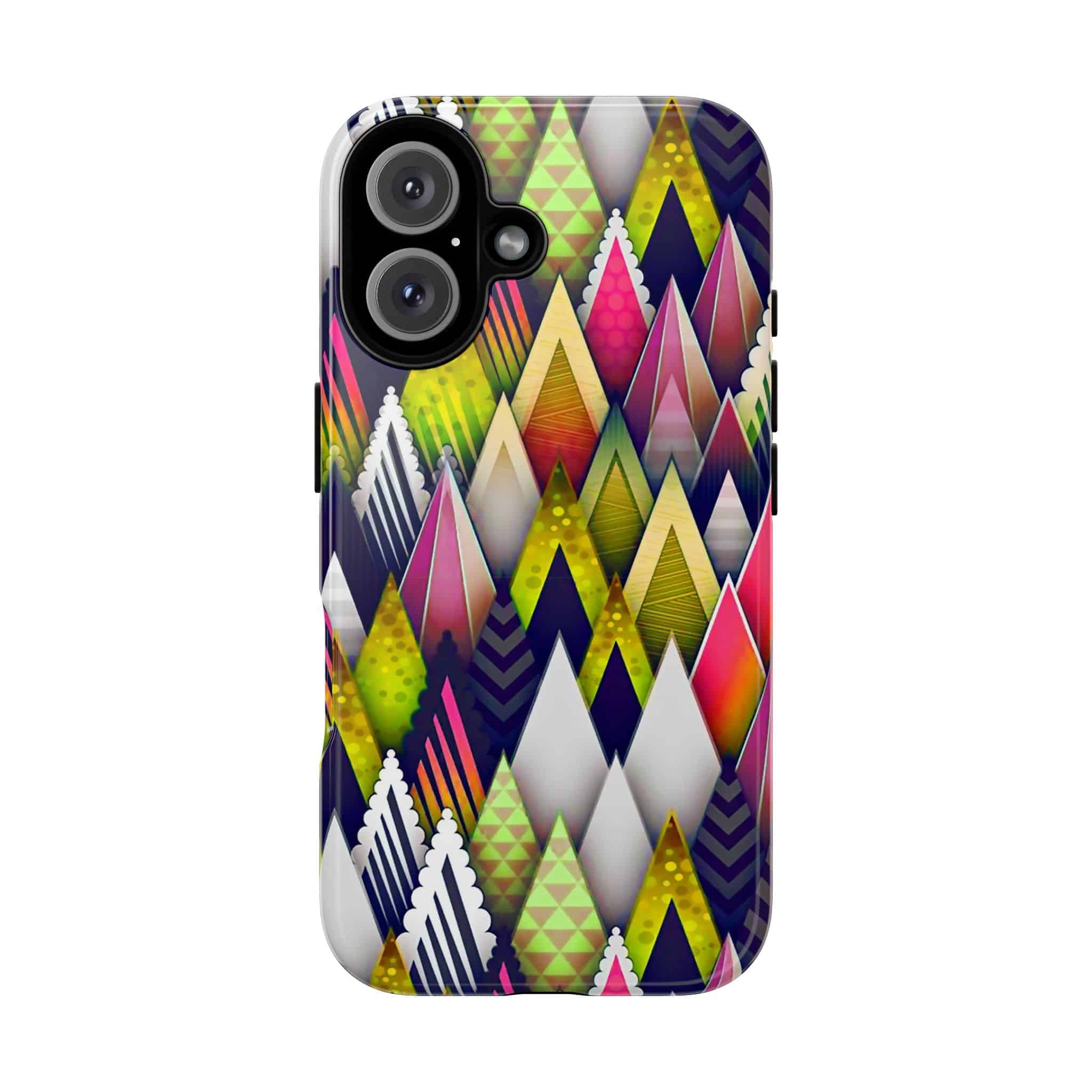 Colorful geometric phone case displayed on smartphone, featuring bold abstract design, glossy finish, and dual-layer protection for modern tech users